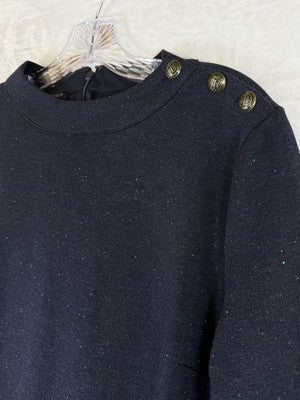 Talbots Dress Medium Shift Navy Blue Knit 3/4 Sleeve Heathered Button Womens