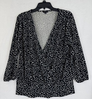 Talbots Top Medium Black White Polka Dot Surplice Blouse Long Sleeve Womens Wrap