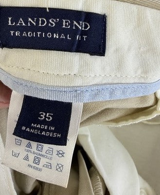 Lands End Traditional Fit Chinos Khaki 35 Pants Mens Tan Beige 100% Cotton