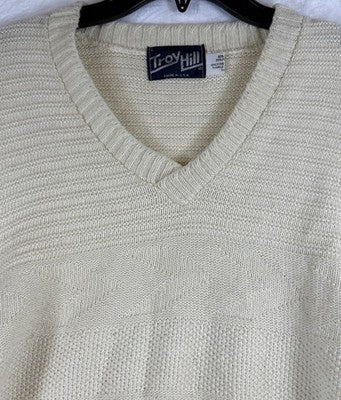 Vintage Ski Sweater Mens Large Made In USA 80s 90s V Neck Ivory Hipster