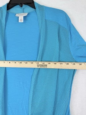 Weekend By Chicos Size 1 Cardigan Pool Blue Medium Jersey Knit Mesh 3/4 Sleeve