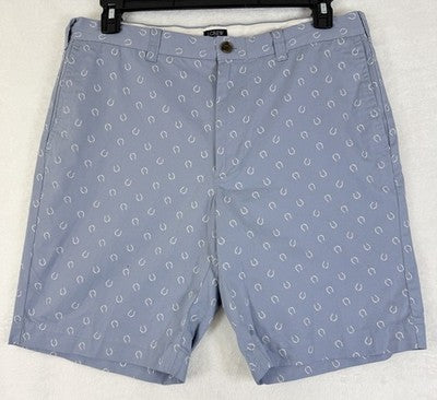 J Crew Gramercy Shorts 35 Mens Blue 9”Horseshoes Horse Print 100% Cotton Chino