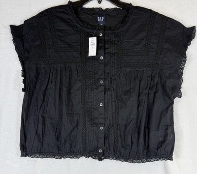 Gap Crop Top Large Tall Womens Black Ruffle Pintuck Cotton Short Sleeve New NWT
