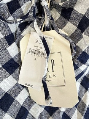 Gap X Doen Dress Small Blue Gingham 100% Linen Midi Short Sleeve Womens New NWT