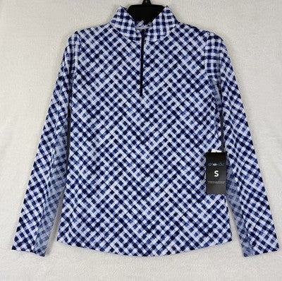 IBKUL Womens Long Sleeve Top Small 1/4 Zip Mock Neck Blue Gingham Check Golf
