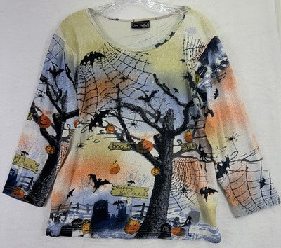 Jane Ashley Halloween Top Large Womens Beaded Bats Pumpkin Teacher Shirt Vintage