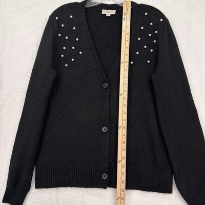 Ann Taylor Loft Cardigan Sweater Medium Black Pearls Button Front Medium Womens
