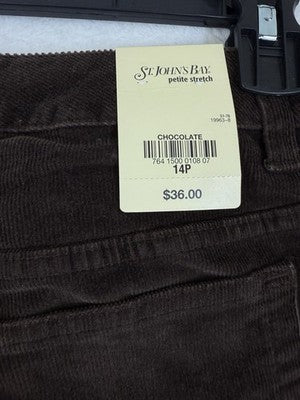 St John’s Bay Corduroy Pants 14 Petite Chocolate Brown Straight Leg Women NEW