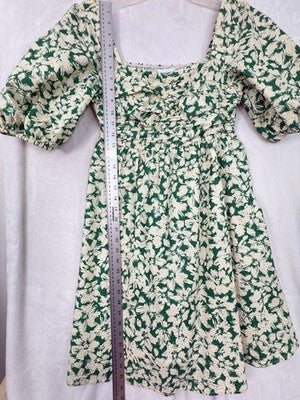 FRNCH Dress Small Met Green Floral Short Smocked Boho Cotton Womens