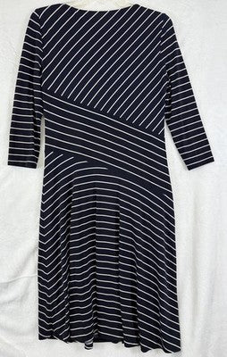 Evan Picone Dress 4 Navy Blue White Stripe Jersey Knit Fit Flare Women