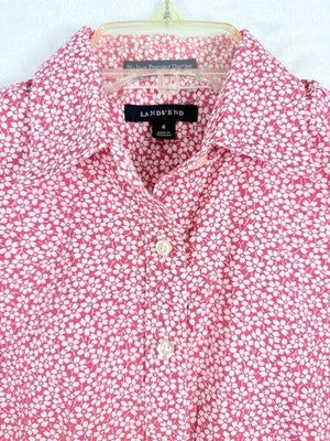Lands End Shirt 4 Women No Iron Pintuck Oxford Button Up Long Sleeve Pink Floral