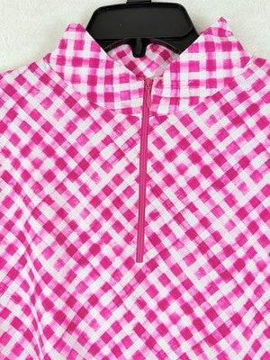 IBKUL Womens Long Sleeve Top XL 1/4 Zip Mock Neck Pink Gingham Check Print Golf