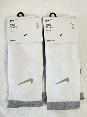 Nike Spark Running Socks Crew White Men 10-11.5 Women 11.5-13 Cushioned Lot New