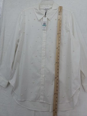 Calvin Klein Top 0X Long Sleeve Shirt White Button Up Pearl Embellished New NWT