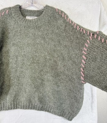 Primark Sweater Large Green Crew Neck Pink Whipstitch Wool Blend