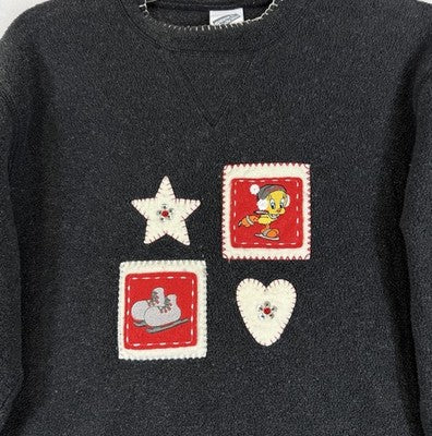 Vintage Warner Bros Sweatshirt Small Holiday Christmas Tweety Bird Gray Womens