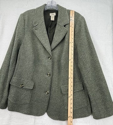 LL Bean Wool Blazer Womens 1X Green Jacket Vintage Silk Blend Tweed Plus Size
