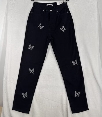PacSun Jeans 24 Ultra High Rise Slim Black Embroidered Butterflies Womens NEW