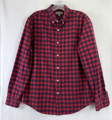 LL Bean Signature Medium Mens Shirt Red Plaid Long Sleeve Oxford Cloth Button Up