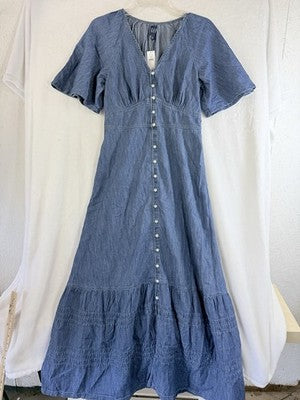 Gap Denim Dress Small Women Short Sleeve Maxi Blue Flutter Sleeve Fit Flare New