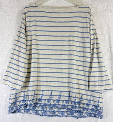 Talbots Top 3x 3/4 Sleeve Ivory Blue Striped Embroidered Plus Size Women Cotton
