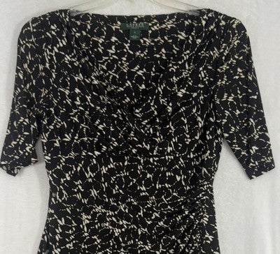 Lauren Ralph Lauren Faux Wrap Dress 6 Womens Black Tan Abstract Print Stretch
