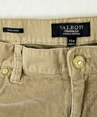 Talbots Corduroy Straight Leg Pants 14W Tan Beige Heritage Fit Womens