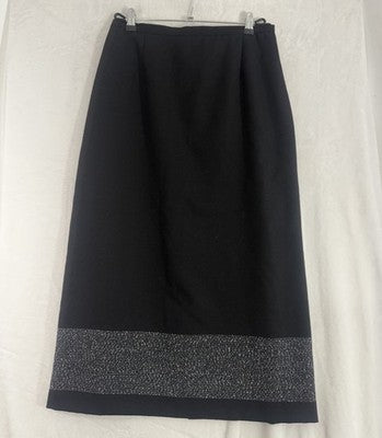 Norton Mcnaughton Skirt 12 Petite Black Wool Midi Lined White Stripe Womens