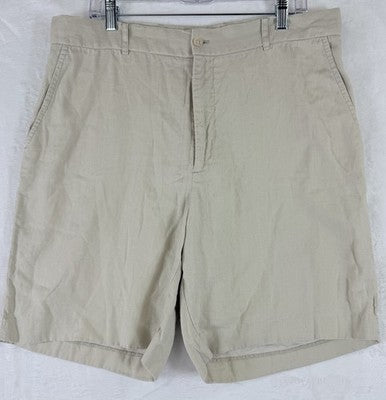 J Mclaughlin Mens Shorts 36 100% Linen Tan Beige Flat Front  10”