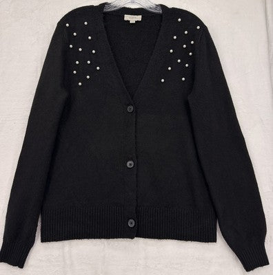 Ann Taylor Loft Cardigan Sweater Medium Black Pearls Button Front Medium Womens