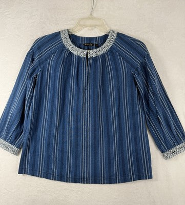 Massimo Dutti Top Womens Small Blue Embroidered Cotton Blouse 3/4 Sleeve Boho