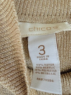 Chicos Size 3 Tops XL Sleeveless Mock Neck Sweater Beige Metallic Womens