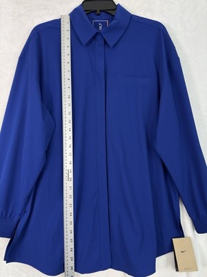 Nike 24.7 Perfect Stretch Shirt Large Women Long Sleeve Snap Front Blue Top NEW