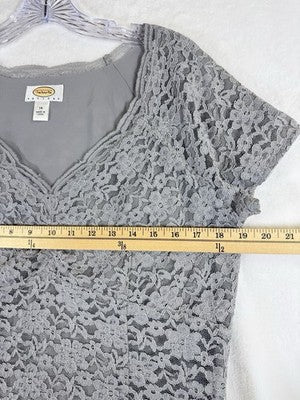 Vintage Talbots Top 14 Petite Gray Lace Overlay Short Sleeve Womens 14P Side Zip