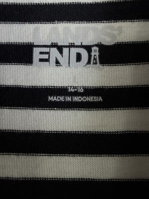 Lands End Turtleneck Large Womens Black White Striped Relaxed Cotton Top Knit
