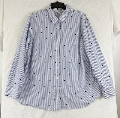 Talbots 2X Tops Womens Blue Hearts Button Up Long Sleeve 100% Cotton