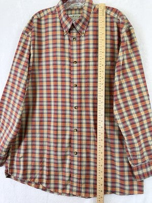 Orvis Mens Large Plaid Button Down Shirt Long Sleeve Orange Red Tan 100% Cotton