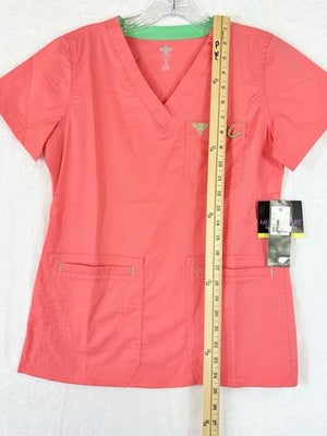 Med Couture Insight Scrub Top XS Women V Neck Short Sleeve Coral Pink New NWT