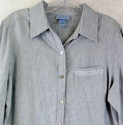 Sigrid Olsen Linen Top Medium Long Sleeve Blouse Button Up Shirt So Blue