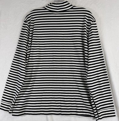 Lands End Turtleneck Large Womens Black White Striped Relaxed Cotton Top Knit