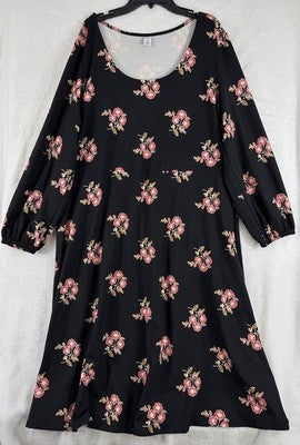Old Navy Dress 1X Knit Black Floral Long Sleeve Midi Soft Fit Flare Plus Size