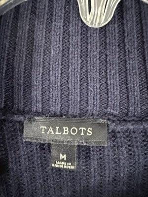 Talbots Medium Sweater Tipped Split Neck Shaker Knit Navy Blue Turtleneck Womens