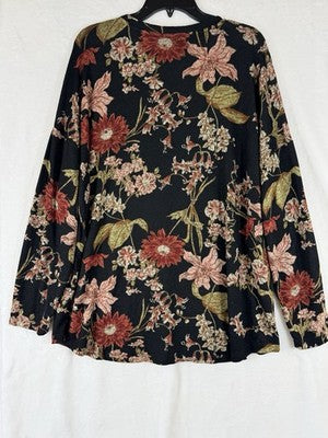 Well Worn Top XXL Womens Black Floral Knit Long Sleeve V Neck