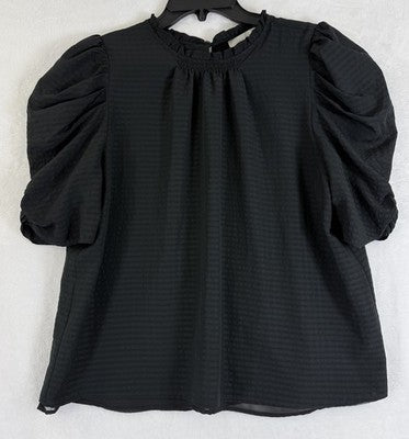 LOFT Top Medium Black Puff Short Sleeve Ruffle Neck Blouse Womens