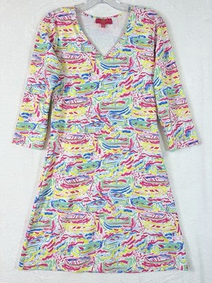Kaeli Smith Dress XS Fit And Flare Pink Blue Yellow Print 3/4 Sleeve Womens