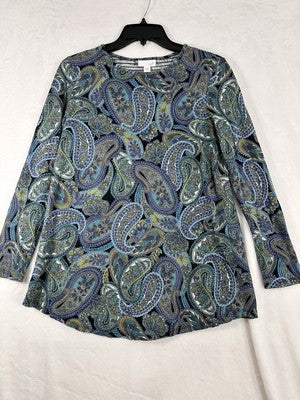 J Jill XS Top Knit Long Sleeve Paisley Blue Green Modal Cotton Womens