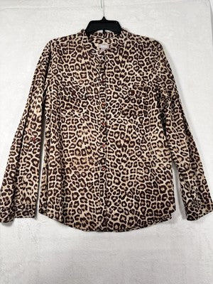 Chicos Size 2 Tops Leopard Print Large Roll Tab Long Sleeve Mandarin Collar