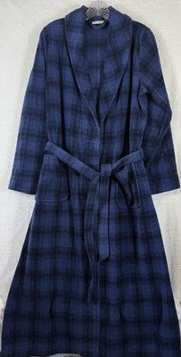 LL Bean Fleece Wrap Robe Women XS Blue Plaid Tie Belt Pockets