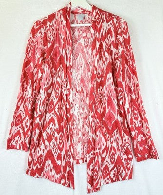 Chicos Size 1 100% Linen Cardigan Sweater Medium Womens Red Print Open Front Top