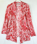 Chicos Size 1 100% Linen Cardigan Sweater Medium Womens Red Print Open Front Top